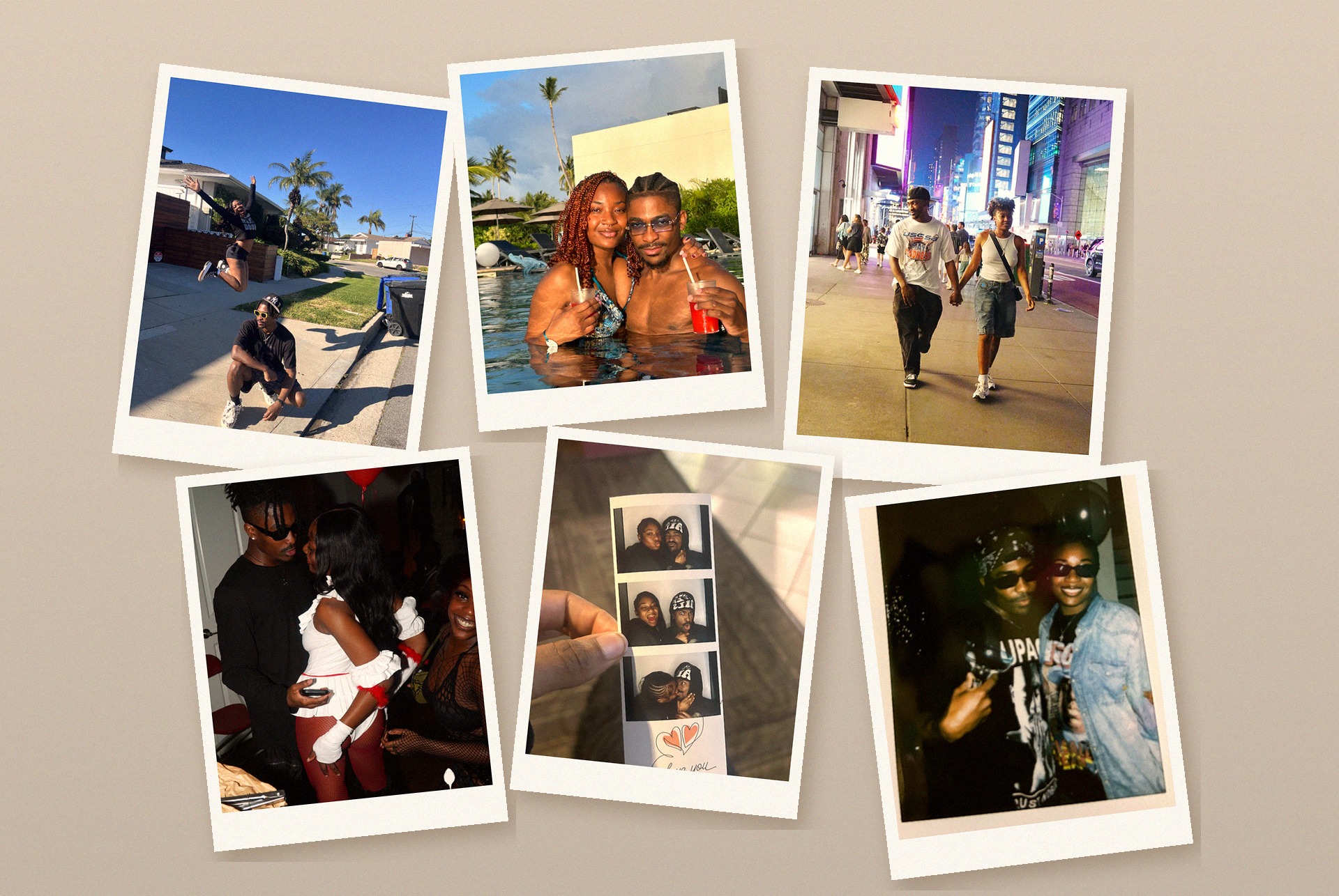 Collage of polaroid-style photos of friends and couples on vacation, at parties, and out in the city