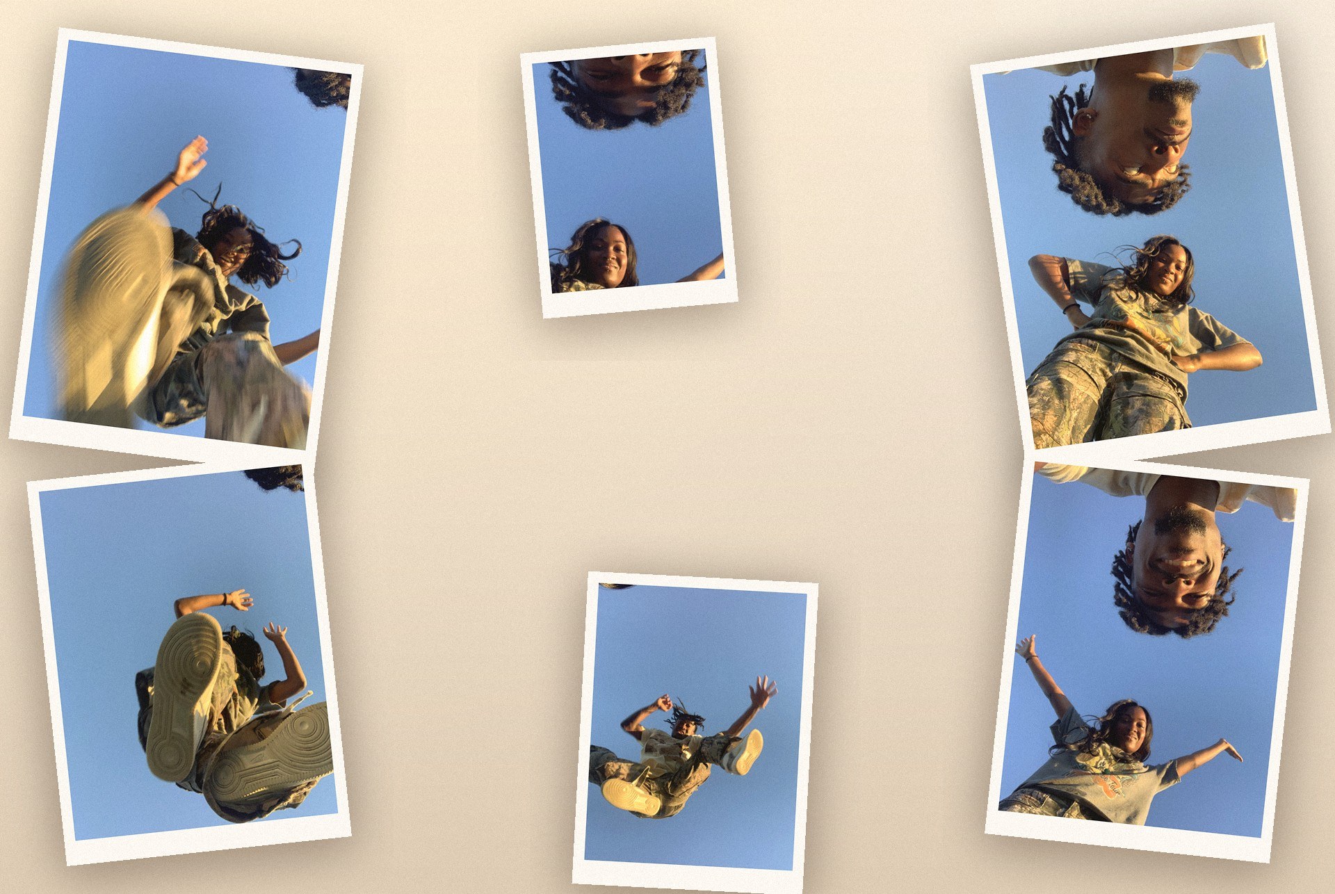 Collage of polaroid-style photos of friends jumping and laughing against a blue sky